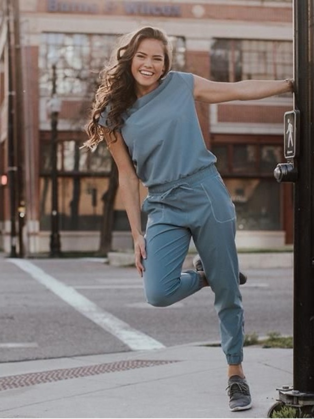 Albion Dusk Blue Jumpsuit - Nylon Spandex Short Sleeve Jogger Style